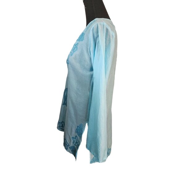OndadeMar Women's Embroidered Light Blue Tunic Top - S Bell Sleeve Swim Coverup - Picture 5 of 11
